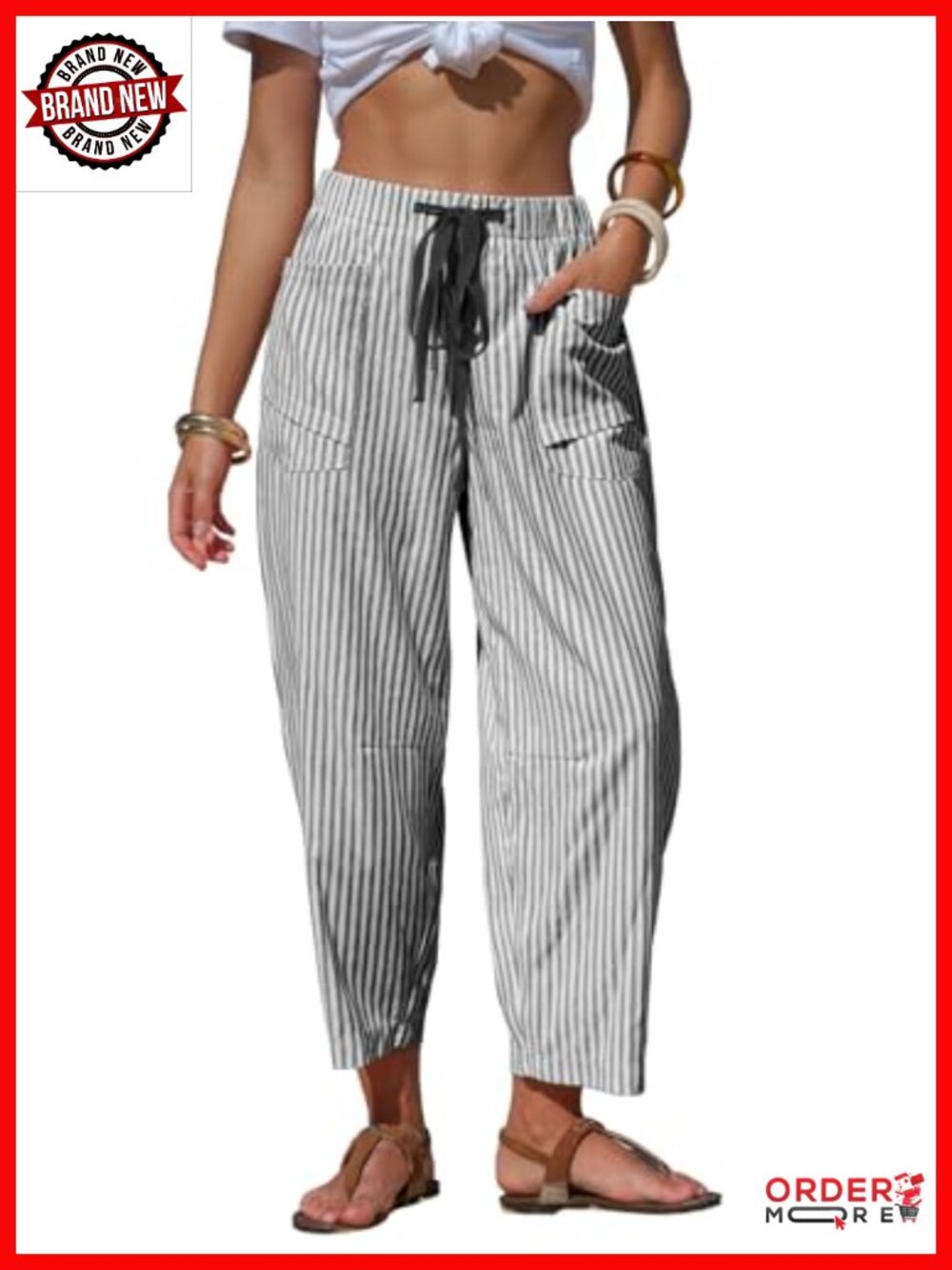 Faux Linen Barrel Pants Striped Capris with Pockets